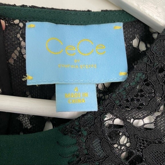 Cece by Cynthia Steffe Dress Forest Green Black Lace Trim Shift Long Sleeve Mini - Picture 3 of 8